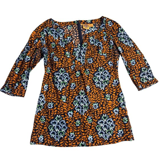 Trina Turk Geometric Floral Print Tunic Top Dress Orange Navy 3/4 Sleeve M - Picture 1 of 4